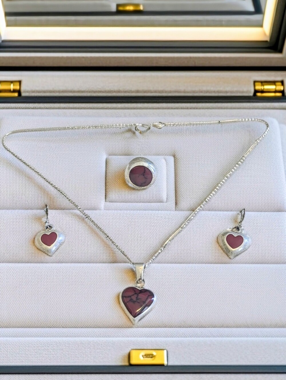 Mexico Sterling Silver W/Red Jasper Heart Pendant, Heart Earrings And Ring Set